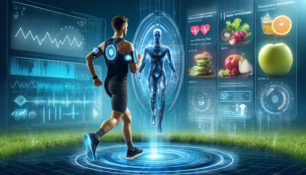 Runner interacting with AI technology for personalized fitness and nutrition plans, featuring health data analysis and dietary recommendations.