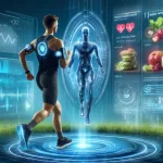 Runner interacting with AI technology for personalized fitness and nutrition plans, featuring health data analysis and dietary recommendations.